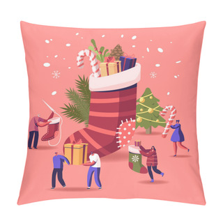 Personality  Happy Characters Celebrating Christmas Party Having Fun And Dancing At Huge Sock With Gifts And Decorated Fir Tree Pillow Covers