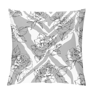 Personality  Vector Exotic Zebra Print With Botanical Flowers. Black And White Engraved Ink Art. Seamless Background Pattern. Pillow Covers