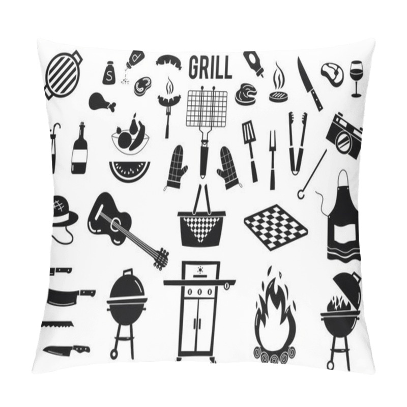 Personality  Summer, spring barbecue grill and picnic icons set. Collection grill tools, party items, decorations. Vector isolated on white background. pillow covers