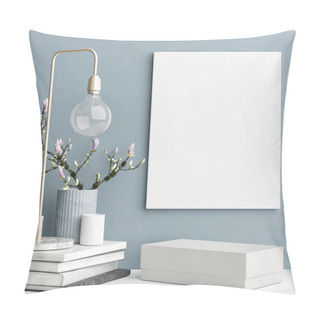 Personality  Decoration Concept Interior, Mock Up Poster On Blue Wall Pillow Covers