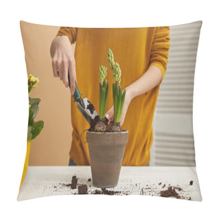 Personality  Partial View Of Gardener Planting Hyacinth In Clay Flowerpot With Spade Pillow Covers