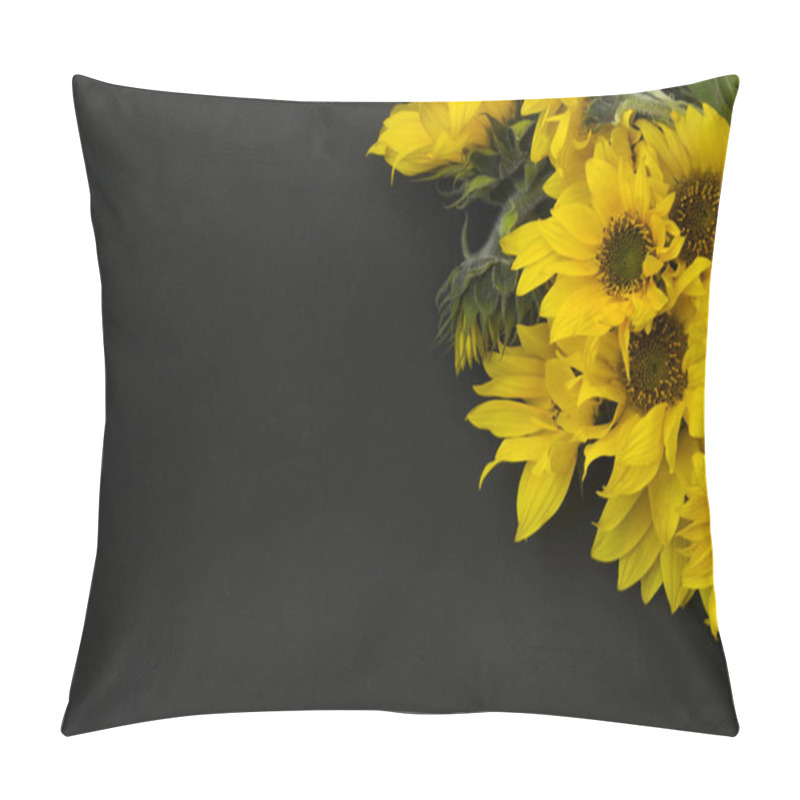 Personality  Bouquet Of Yellow Blooming Sunflowers On A Black Background, Chalk Board. There Is A Place For Text. Pillow Covers