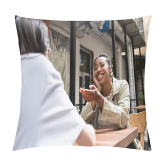 Personality  Smiling African American Woman Talking To Blurred Friend In Outdoor Cafe  Pillow Covers