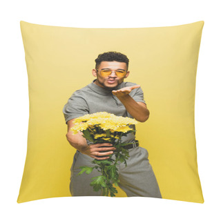 Personality  Stylish African American Man In Sunglasses Holding Bouquet Of Flowers And Sending Air Kiss Isolated On Yellow  Pillow Covers