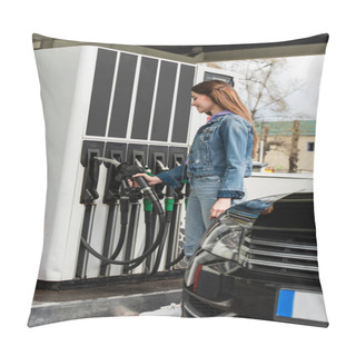 Personality  Young Woman Holding Gasoline Pistol Near Car On Petrol Station Pillow Covers