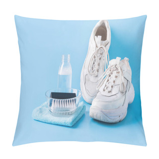 Personality  Dirty White Sneakers With Special Tool For Cleaning Them On Blue. Pillow Covers