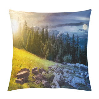 Personality  Alpine Summer Landscape Day And Night Time Change Composite. Rock Formation Near The Spruce Forest On A Grassy Hill.  Mountain With Snowy Top In The Distance. Springtime Meets Summer Concept Pillow Covers