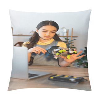 Personality  Preteen Girl Looking At Robotics Model Through Magnifying Glass Near Blurred Laptop Pillow Covers