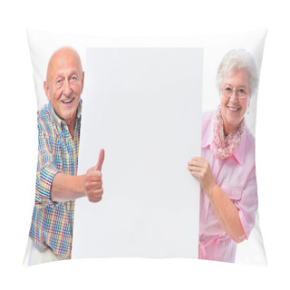 Personality  Happy Smiling Senior Couple With A Blank Board Pillow Covers