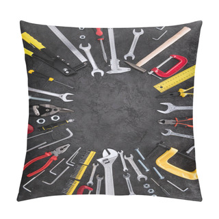 Personality  Top View Of Set Of Construction Tools On Black Background Pillow Covers