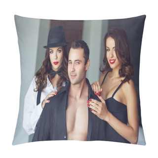 Personality  Sexy Macho Man Winking With Two Hot Lovers Pillow Covers