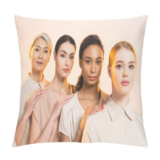Personality  Four Beautiful Multicultural Women Looking At Camera Isolated On Beige  Pillow Covers