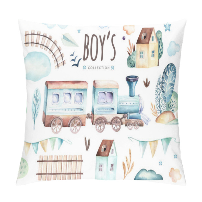 Personality  Baby boys world. Cartoon airplane and waggon locomotive watercolor illustration. Child birthday set of plane, air vehicle, transport elements. Baby shower card pillow covers