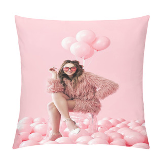 Personality  Confident Fashion Woman Sitting On Chair Posing On Many Pink Balloons Background Pillow Covers