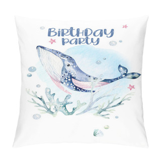 Personality  Sea Animals Aquarium Baby Happy Birthday Poster. Blue Watercolor Ocean Fish, Turtle, Whale And Coral. Shell Aquarium Background. Nautical Marine Pillow Covers