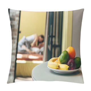 Personality  Selective Focus Of Tasty Fruits On Table Near Couple In Bedroom  Pillow Covers