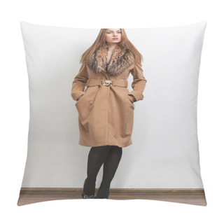Personality  Sexy Luxury Lady Wearing Brown Long Coat With Fur Collar Pillow Covers