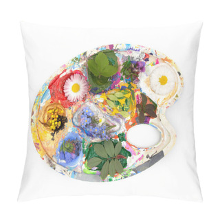Personality  Artist Acrylic Gouache Watercolor Colorful Red Blue Yellow Palette And May Flowers Instead Of Colors In Cuvettes. Design Element For Artist Shop Ads, Specialized Website Article Etc Pillow Covers