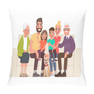 Personality  Big Happy Family Sitting On The Sofa. Grandmother, Grandfather, Father, Mother, Children And Pet. Vector Illustration In Cartoon Style Pillow Covers
