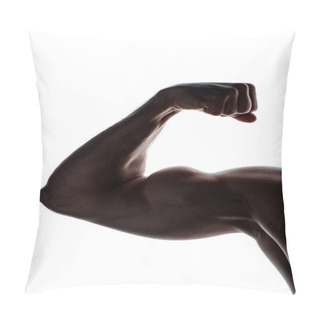 Personality  Cropped View Of Muscular Bodybuilder Showing Biceps In Shadow Isolated On White Pillow Covers