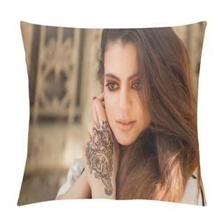 Personality  Portrait Of A Young Indian Woman In Casual Style With Mehendi On The Streets Of Old City Pillow Covers