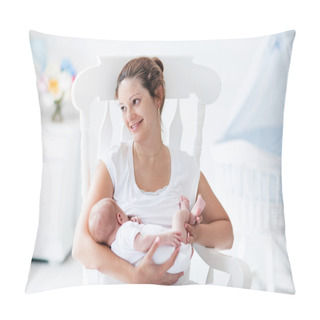 Personality  Young Mother And Newborn Baby In White Bedroom Pillow Covers
