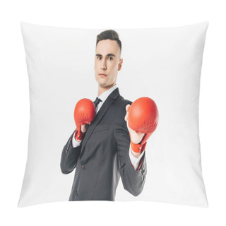 Personality  Businessman Standing In Suit And Red Gloves And Looking Away Isolated On White Pillow Covers