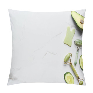 Personality  Top View Of Facial Spatula And Rollers Near Avocado And Cucumber On Marble Surface Pillow Covers