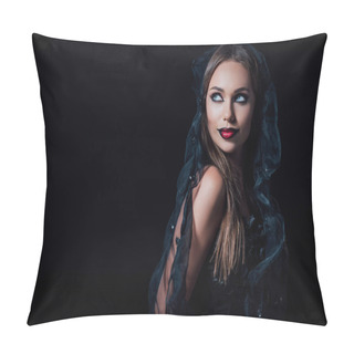Personality  Scary Vampire Girl In Black Gothic Dress And Veil Looking Away Isolated On Black Pillow Covers
