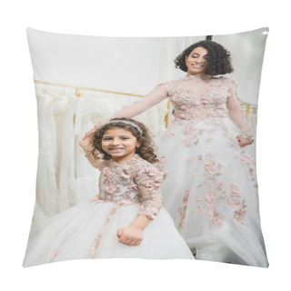 Personality  Middle Eastern Girl In Floral Attire Holding Hands With Happy Woman Standing In Wedding Dress Near Blurred White Gown Inside Of Luxurious Bridal Salon, Shopping, Bride-to-be, Mother And Daughter  Pillow Covers