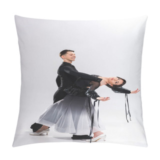 Personality  Elegant Young Couple Of Ballroom Dancers In Black Outfit Dancing On White Pillow Covers