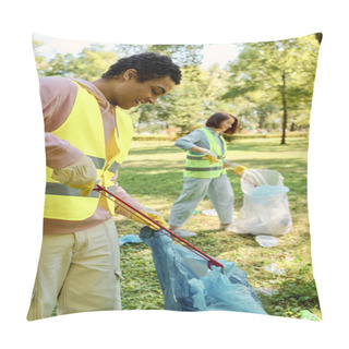 Personality  Socially Active, Diverse Couple In Safety Vests And Gloves Cleaning The Park Together With Trash Bags. Pillow Covers
