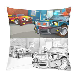 Personality  Cartoon Sketch Police Car Officer On The Road Block Stopping Speeding Car Near The Police Station - Illustration For Children Pillow Covers