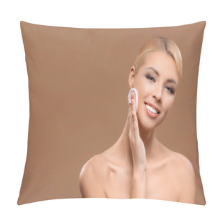 Personality  Beautiful Smiling Woman With Perfect Skin Applying Makeup With Powder Puff, Isolated On Brown Pillow Covers