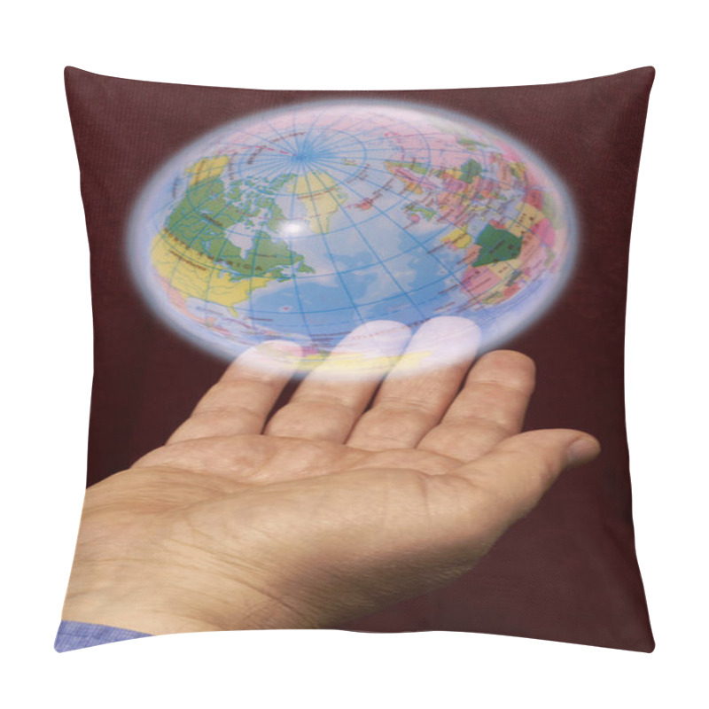 Personality  A Globe Floating Above A Hand. Pillow Covers