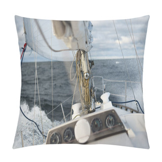 Personality  White Yacht Racing Through The Waves. North Sea, Norway. A View From The Deck To The Bow And Sails. Dramatic Sky After The Storm. Winter Sailing. Leisure Activity, Recreation Theme Pillow Covers