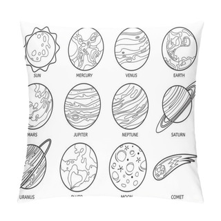 Personality  Planets For Color Book. Solar System Earth, Sun And Neptune, Jupiter And Pluto, Venus And Mars, Saturn And Moon, Uranus And Comet Vector Set Pillow Covers