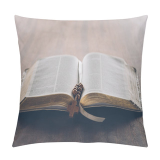 Personality  Open Holy Bible And Rosary With Cross On Wooden Table   Pillow Covers