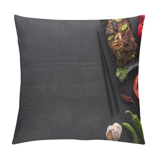 Personality  Top View Of Tasty Spicy Thai Noodles Near Chopsticks And Ingredients On Wooden Grey Surface Pillow Covers