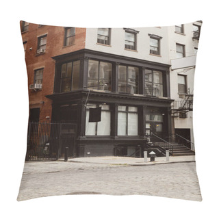 Personality  Brick Building With Black And White Exterior And Large Windows In New York City, Urban Architecture Pillow Covers