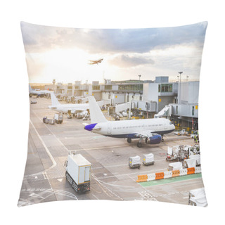 Personality  Busy Airport View With Airplanes And Service Vehicles At Sunset Pillow Covers