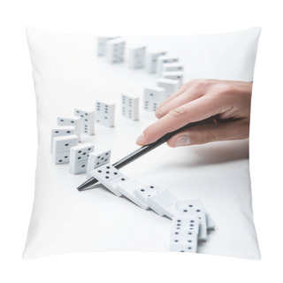 Personality  Partial View Of Man Preventing Dominoes From Falling With Pen On White Background Pillow Covers