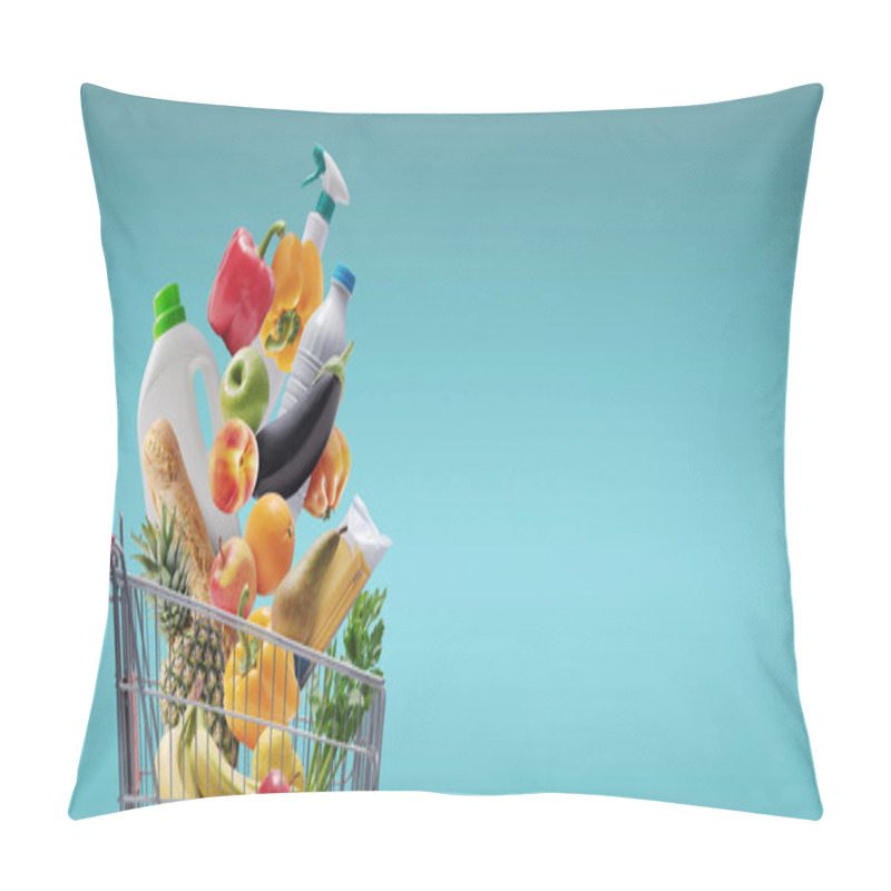 Personality  Fresh Groceries And Goods Falling In A Supermarket Trolley, Grocery Shopping Concept Pillow Covers