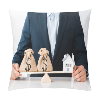 Personality  Cropped View Of Businessman Near Scales With Money Bags And Carton House Isolated On White  Pillow Covers
