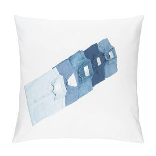 Personality  Flat Lay Of Blue Denim Shirts On White Background, Top View Pillow Covers