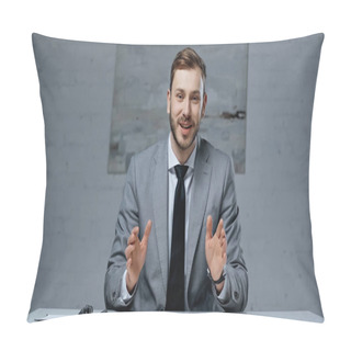 Personality  Businessman In Suit Talking While Gesturing During Interview In Office Pillow Covers