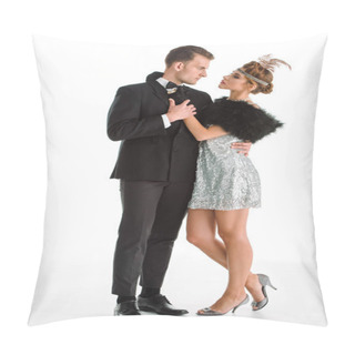 Personality  Side View Of Pompous Man And Woman Holding Hands While Standing Isolate Don White  Pillow Covers