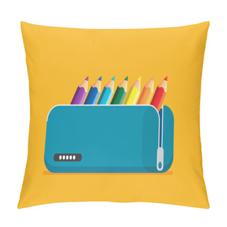 Personality  Bright School Pencil Case With School Stationery, Flat Vector Illustration Pillow Covers