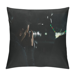 Personality  Back View Of Focused Man Doing Surveillance By Camera With Object Glass From His Car Pillow Covers