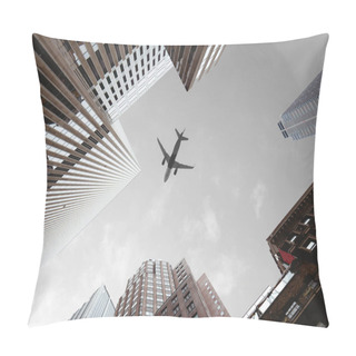 Personality  Bottom View Of Skyscrapers And Airplane In Cloudy Sky In New York City, Usa Pillow Covers